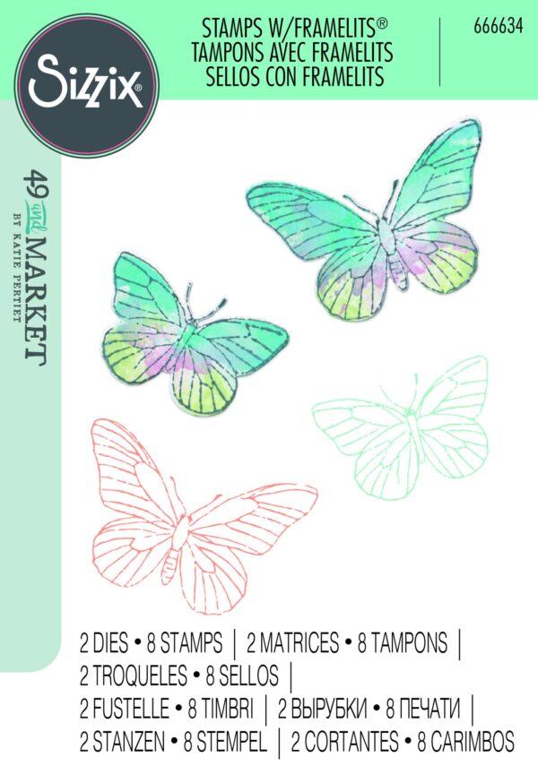 Sizzix™ A5 Clear Stamps Set 8PK w/2PK Framelits® Die Set Painted Pencil Butterflies by 49 and Market