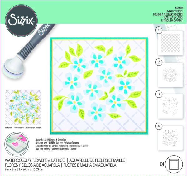 Sizzix Layered Stencil 4PK - Watercolor Flowers & Lattice By Eileen Hull