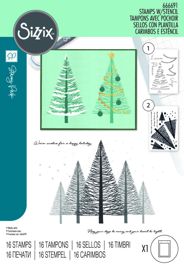 Sizzix™ A5 Clear Stamps Set 16PK w/Stencil - Cosmopolitan Christmas, Merry and Light by Stacey Park