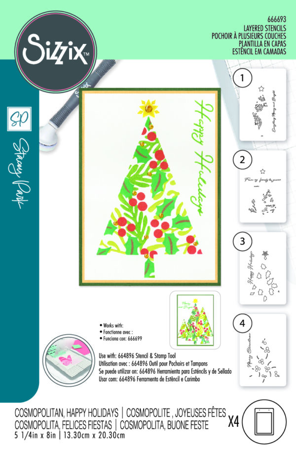 Sizzix A6 Layered Stencils 4PK Cosmopolitan Christmas, Happy Holidays By Stacey Park