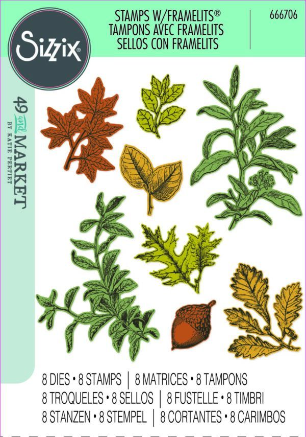 Sizzix A5 Clear Stamps 8PK w/8PK Framelits Die - Forever Leaves by 49 and Market