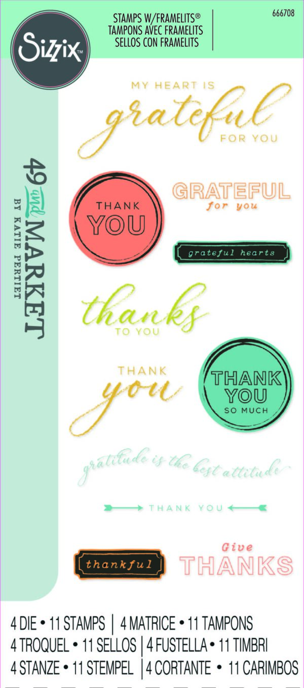 Sizzix Clear Stamps 11PK w/4PK Framelits Die - Thankful Sentiments by 49 and Market