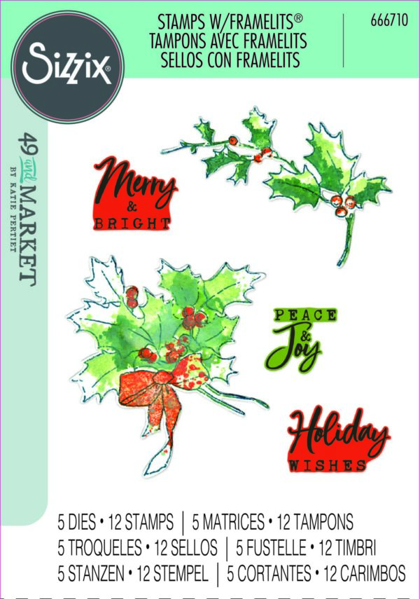 Sizzix A5 Clear Stamps 12PK w/5PK Framelits Die - Pencil Line Holly by 49 and Market