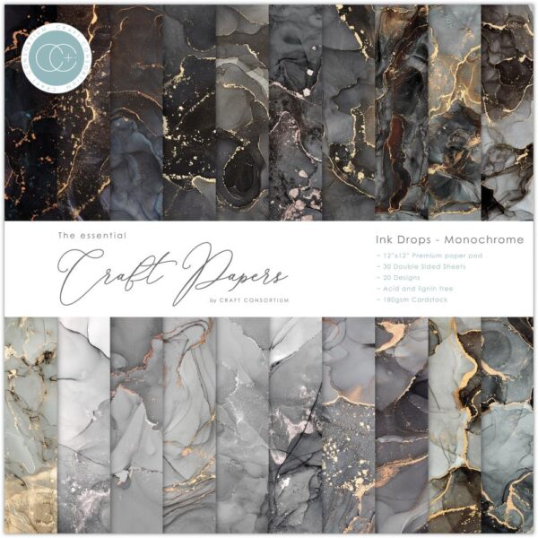 Craft Consortium Double-Sided Paper Pad 12"X12" -- Ink Drops, Monochrome