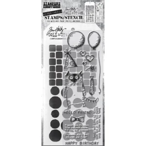 Tim Holtz Mixed-Media Stamps & Stencil Set -- Snarky Cat, Tiles, and Splotches