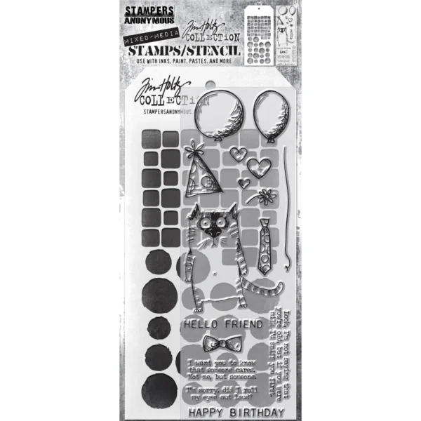 Tim Holtz Mixed-Media Stamps & Stencil Set -- Snarky Cat, Tiles, and Splotches