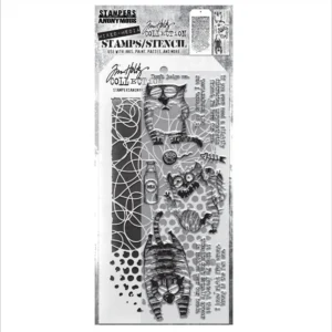 Tim Holtz Mixed-Media Stamps & Stencil Set -- Snarky Cat, Doodle and Bubble
