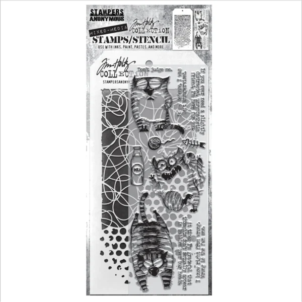 Tim Holtz Mixed-Media Stamps & Stencil Set -- Snarky Cat, Doodle and Bubble