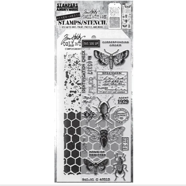 Tim Holtz Mixed-Media Stamps & Stencil Set -- Entomology, Speckles and Honeycomb
