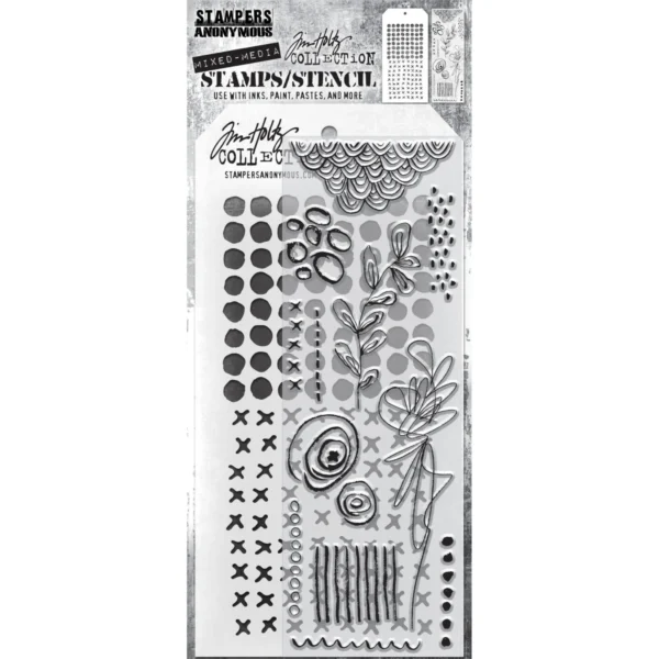 Tim Holtz Mixed-Media Stamps & Stencil Set -- Mini Media Marks, Dotted and Stitched