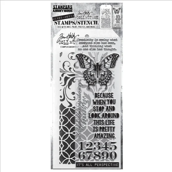 Tim Holtz Mixed-Media Stamps & Stencil Set -- Perspective, Flourish and Latticework