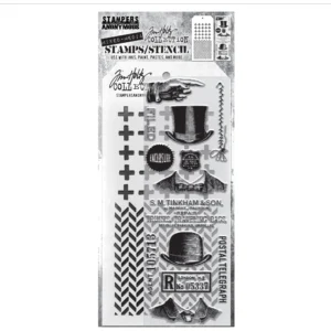 Tim Holtz Mixed-Media Stamps & Stencil Set -- Distinguished, Plus and Herringbone