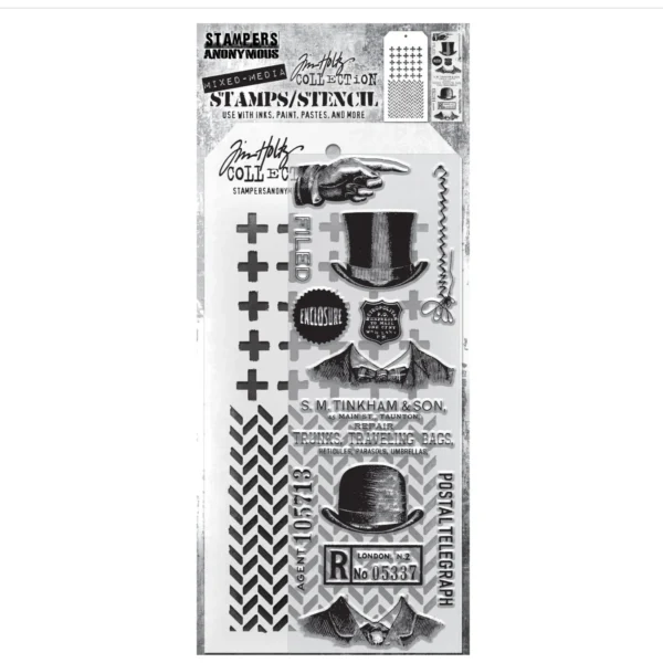 Tim Holtz Mixed-Media Stamps & Stencil Set -- Distinguished, Plus and Herringbone
