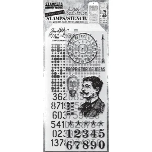 Tim Holtz Mixed-Media Stamps & Stencil Set -- Noble Gent, Halftone and Digits
