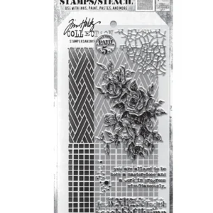 Tim Holtz Mixed-Media Stamps & Stencil Set -- Lady Rose, Woven and Linen