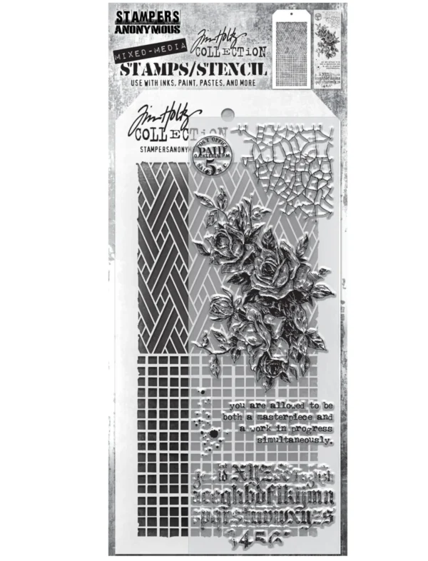 Tim Holtz Mixed-Media Stamps & Stencil Set -- Lady Rose, Woven and Linen
