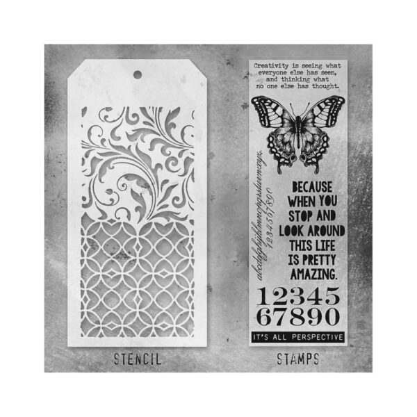Tim Holtz Mixed-Media Stamps & Stencil Set -- Perspective, Flourish and Latticework - Image 2