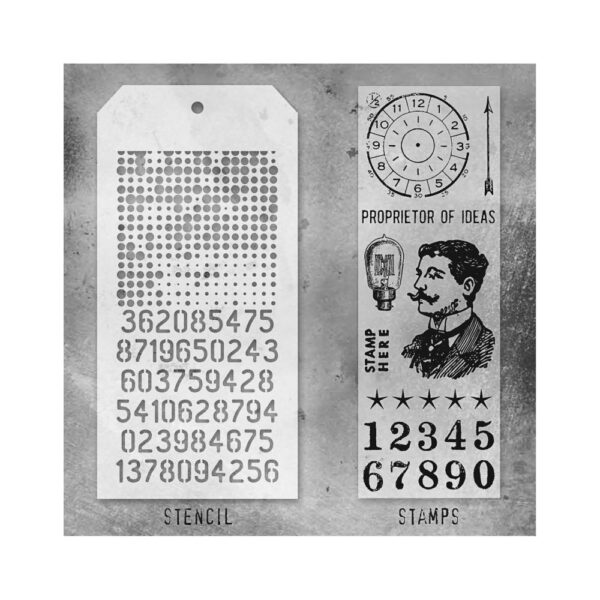 Tim Holtz Mixed-Media Stamps & Stencil Set -- Noble Gent, Halftone and Digits - Image 2