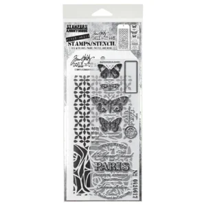 Tim Holtz Mixed-Media Stamps & Stencil Set -- Papillion, Nordic and Scribble