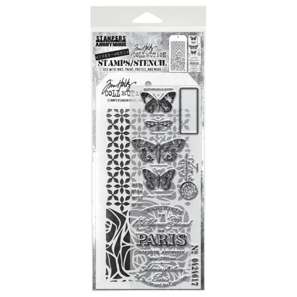 Tim Holtz Mixed-Media Stamps & Stencil Set -- Papillion, Nordic and Scribble