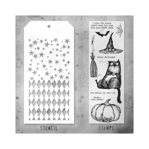 Tim Holtz Mixed-Media Stamps & Stencil Set — Snarky Cat Halloween, Falling Stars and Harlequin - Image 2