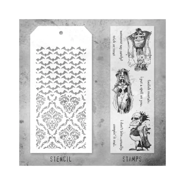 Tim Holtz Mixed-Media Stamps & Stencil Set — Monster Reunion, Batground and Gothic - Image 2