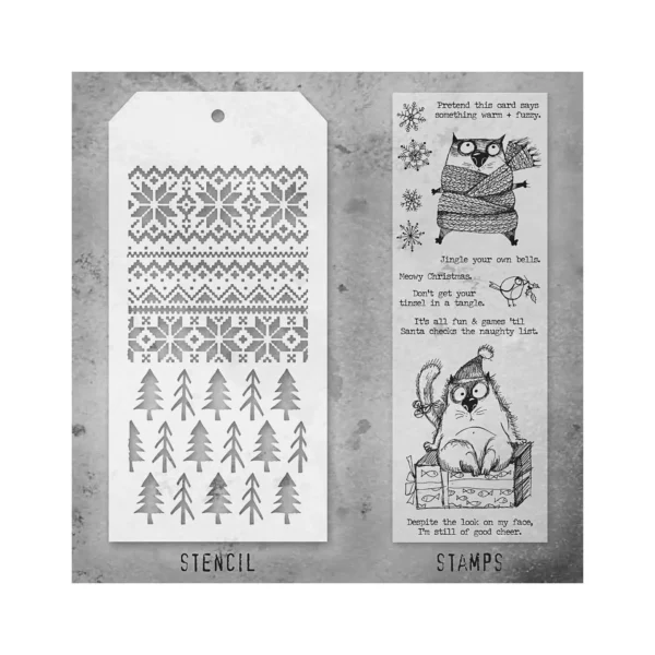 Tim Holtz Mixed-Media Stamps & Stencil Set — Snarky Cat Christmas, Holiday Knit and Pines - Image 2