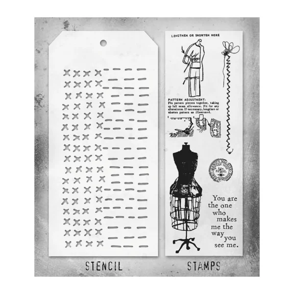 Tim Holtz Mixed-Media Stamps & Stencil Set — Haberdashery, Stitched and Dashes - Image 2