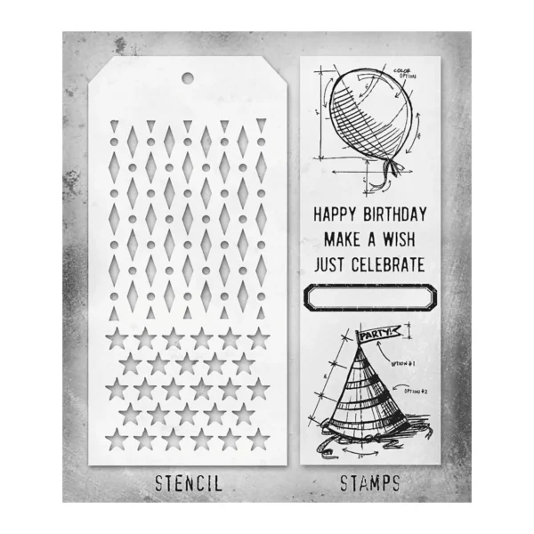 Tim Holtz Mixed-Media Stamps & Stencil Set — Birthday, Diamond Dot and Stars - Image 2
