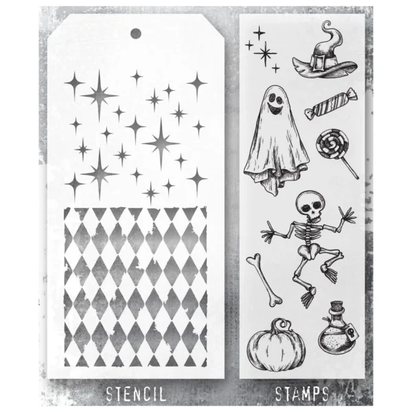 Tim Holtz Mixed-Media Stamps & Stencil Set — Halloween Doodles, Harlequin and Sparkle - Image 2