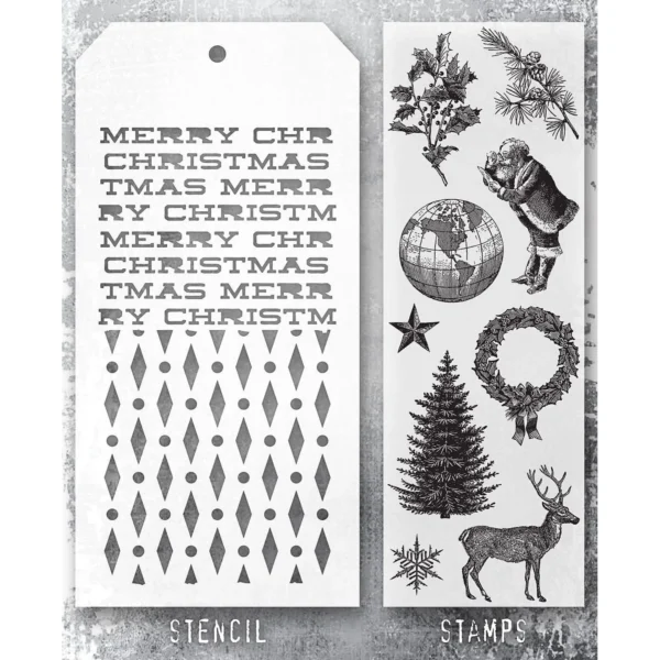 Tim Holtz Mixed-Media Stamps & Stencil Set — Holiday Things, Diamond Dot and Merry Christmas - Image 2