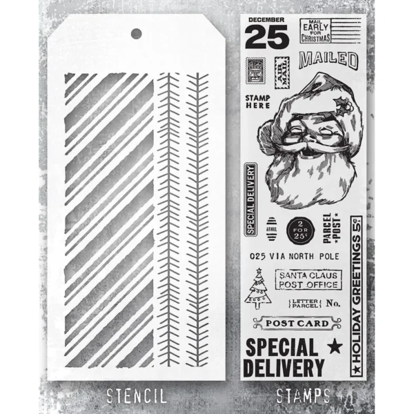 Tim Holtz Mixed-Media Stamps & Stencil Set — Jolly Santa, Peppermint and Tinsel - Image 2