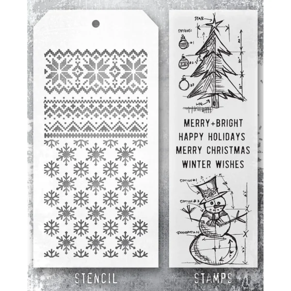 Tim Holtz Mixed-Media Stamps & Stencil Set — Winter Blueprints, Flurries and Holiday Knit - Image 2