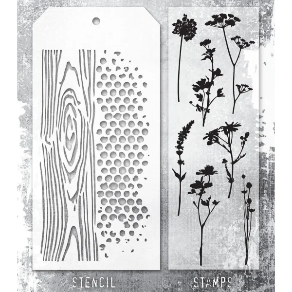 Tim Holtz Mixed-Media Stamps & Stencil Set — Wildflower Silhouettes, Woodgrain, and Dot Fade - Image 2