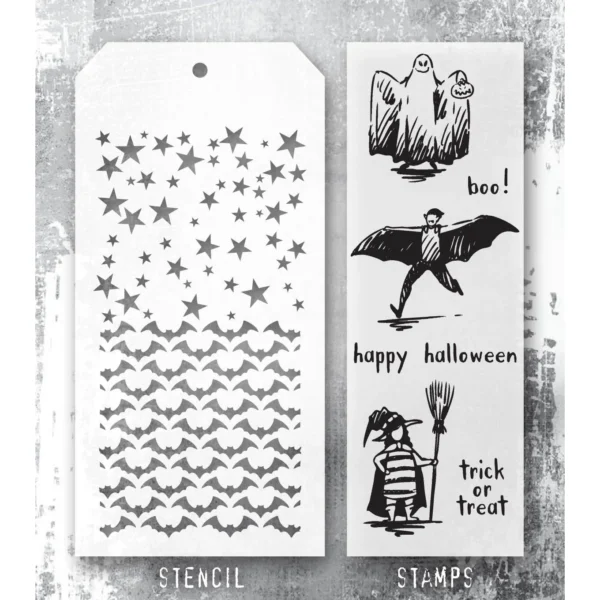 Tim Holtz Mixed-Media Stamps & Stencil Set — Halloween Sketchbook, Batground, Falling Stars - Image 2