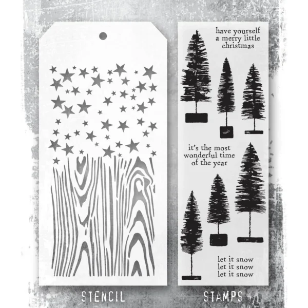 Tim Holtz Mixed-Media Stamps & Stencil Set — Bottlebrush Trees, Woodgrain and Falling Stars - Image 2