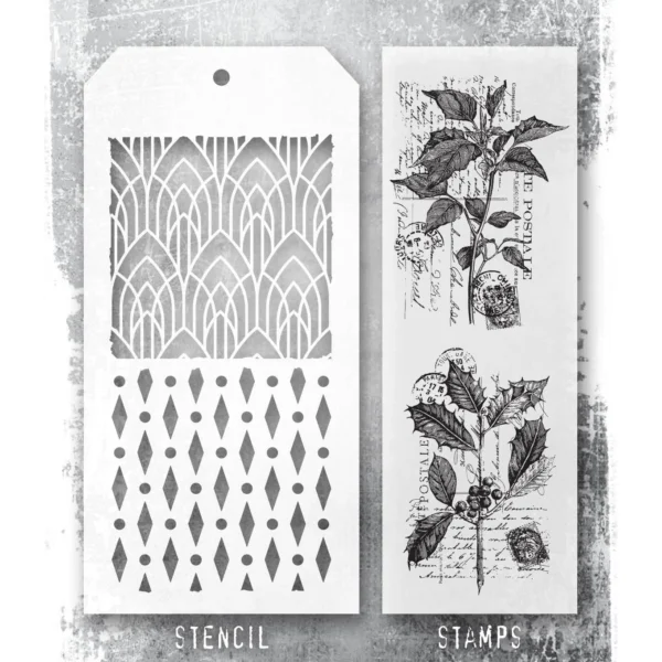 Tim Holtz Mixed-Media Stamps & Stencil Set — Festive Collage, Deco Arch and Diamond Dots - Image 2