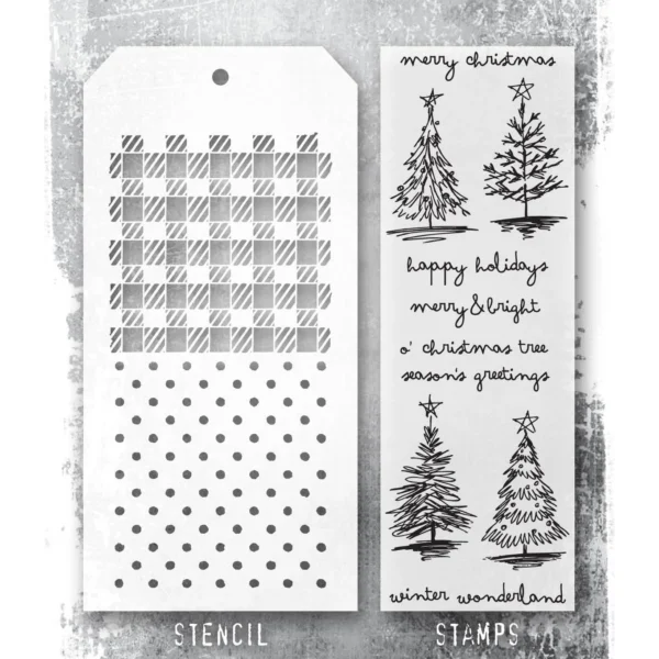 Tim Holtz Mixed-Media Stamps & Stencil Set — Scribbly Christmas, Gingham and Polkadots - Image 2