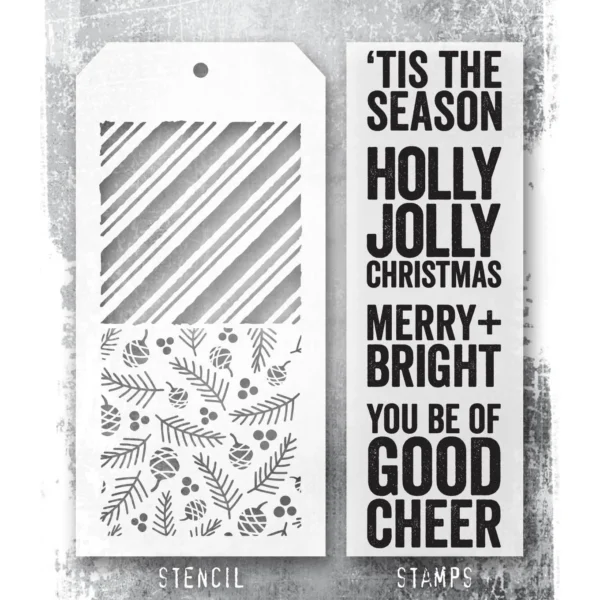 Tim Holtz Mixed-Media Stamps & Stencil Set — Bold Tidings, Peppermint and Pinecones - Image 2