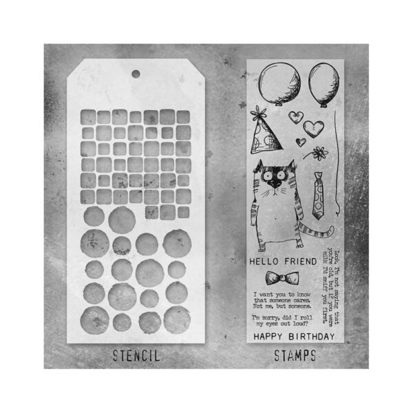 Tim Holtz Mixed-Media Stamps & Stencil Set -- Snarky Cat, Tiles, and Splotches - Image 2