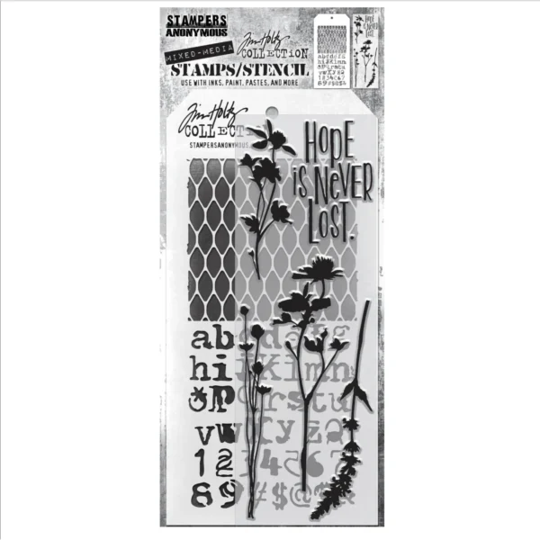 Tim Holtz Mixed-Media Stamps & Stencil Set — Wildflowers, Mesh and Typo