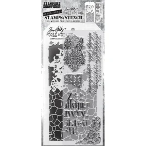 Tim Holtz Mixed-Media Stamps & Stencil Set — Fragments, Grime and Crackle