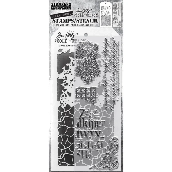 Tim Holtz Mixed-Media Stamps & Stencil Set — Fragments, Grime and Crackle