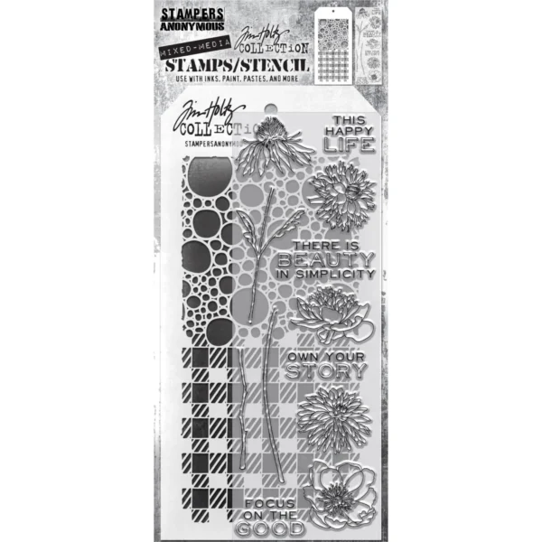 Tim Holtz Mixed-Media Stamps & Stencil Set — Flower Garden, Bubbles and Gingham
