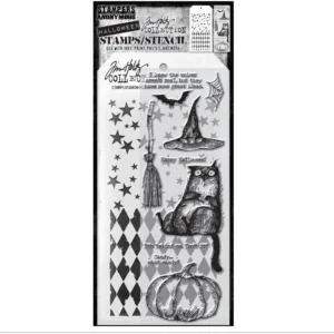 Tim Holtz Mixed-Media Stamps & Stencil Set — Snarky Cat Halloween, Falling Stars and Harlequin