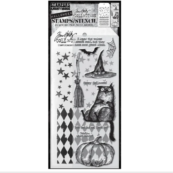 Tim Holtz Mixed-Media Stamps & Stencil Set — Snarky Cat Halloween, Falling Stars and Harlequin