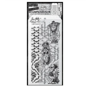 Tim Holtz Mixed-Media Stamps & Stencil Set — Monster Reunion, Batground and Gothic