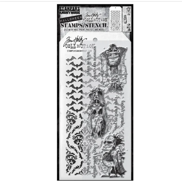 Tim Holtz Mixed-Media Stamps & Stencil Set — Monster Reunion, Batground and Gothic