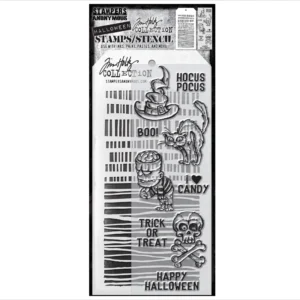 Tim Holtz Mixed-Media Stamps & Stencil Set — Scared Silly, Code and String