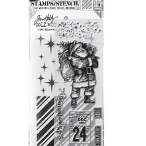 Tim Holtz Mixed-Media Stamps & Stencil Set — Vintage Holiday, Sparkle, and Peppermint